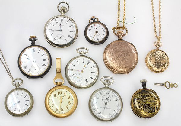 Collection of pocket watches: Collection of pocket watches comprised of one South Bend gold-filled pendant watch, six various metal pocket watches, one Eterna alarm pendant watch, one Gallet & Co white metal chronograph, one New H