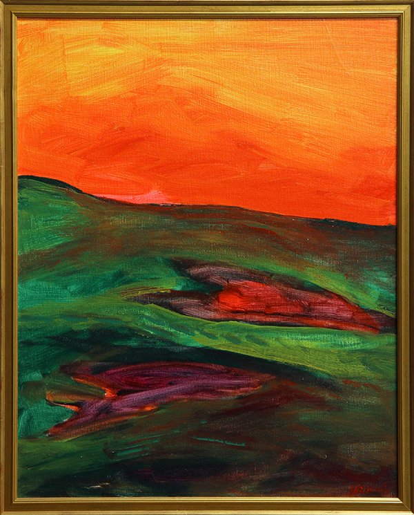 Painting by Juan Guzman: Juan Guzman (American/Chilean, b. 1948), "Rancho Mirage" oil on board, signed lower right and verso, titled verso, overall (with frame): 21.25''h x 17.25''w