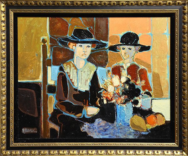 Painting, Michel Moreau, Portrait of Two Women: Michel Moreau (French, 20th century), Portrait of Two Women, oil on canvas, signed lower left, canvas: 25"h x 31"w, overall (with frame): 31.5"h x 37.5"w. Provenance: Purchased from Galerie Matignon (