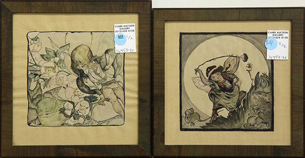 Paintings, Manner of Arthur Rackham: (lot of 2) Manner of Arthur Rackham (British, 1867-1939), Fairies in Landscapes, ink and watercolor on paper, unsigned, overalls (with frames): 9"h x 9"w