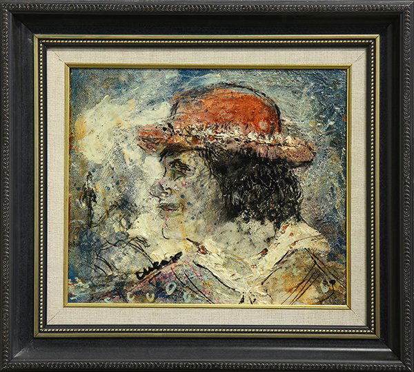 Painting, Pascal Cucaro: Pascal Cucaro (American, 19915-2004), Clown with Red Hat, oil on board, signed lower left, overall (with frame): 18.5"h x 21"w