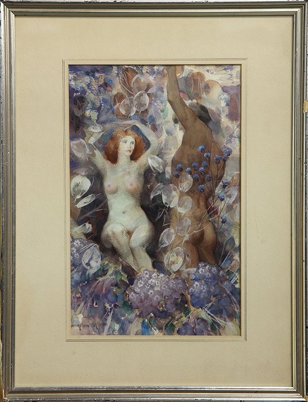 Watercolor, Arthur Meltzer: Arthur Meltzer (American, 1893-1989), Nude Figures in a Tropical Garden, watercolor, signed lower left, overall (with frame): 22"h x 17"w