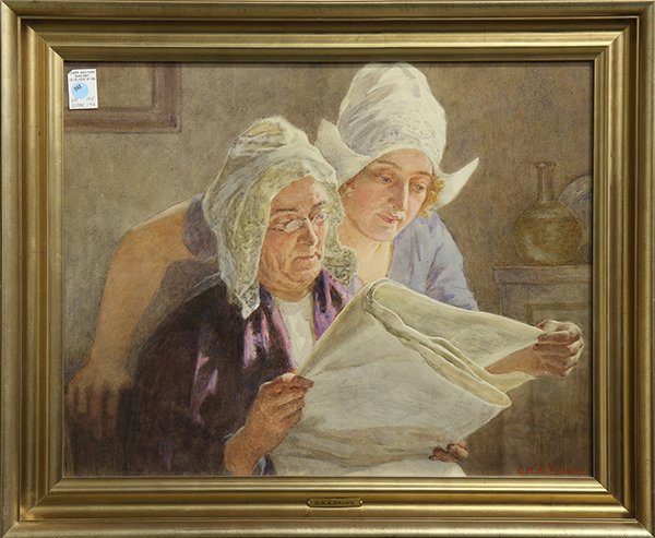 Painting, George Henry Alan Brown: George Henry Alan Brown (British, b. 1862), "An Interesting Story," watercolor, signed lower right, sight: 19"h x 24"w, overall (with frame): 24"h x 29"w