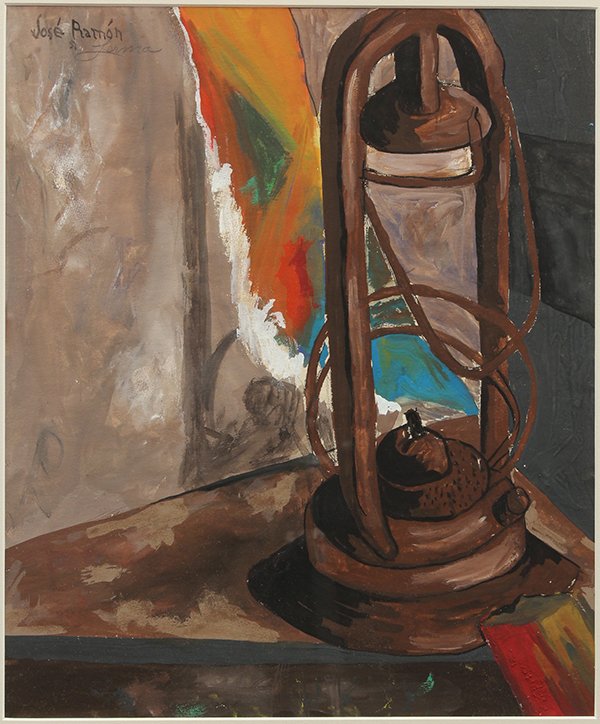 Work on paper, Jose Ramon Lerma: Jose Ramon Lerma (American, b.1930), Lantern on Table Ledge, mixed media on paper, signed upper right, sight: 17.75''h x 14.75''w, overall (with frame): 25.25''h x 21.25''w