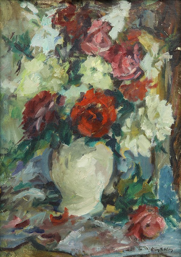 Painting, Attributed to Irving Ramsey Wiles: Attributed to Irving Ramsey Wiles (American, 1861-1948), Flowers in a Vase, oil on canvas (lard down on board), bears signature lower right, board: 23"h x 16.25"w, overall (with frame):25.5"h x 19"w