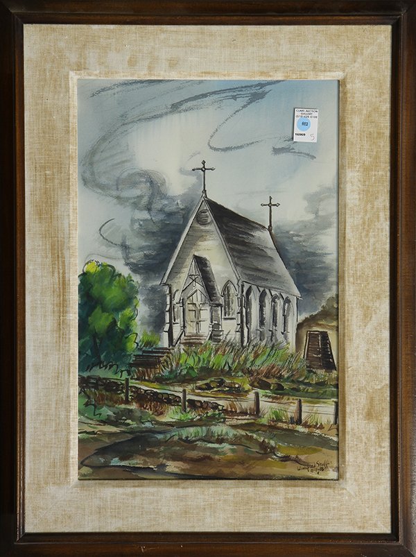 Watercolor, Winifred Lucy Shaffer: Winifred Lucy Shaffer (American, 1904-1993), Little Chapel, 1968, watercolor, signed and dated lower right, overall (with frame): 30.5"h x 23"w