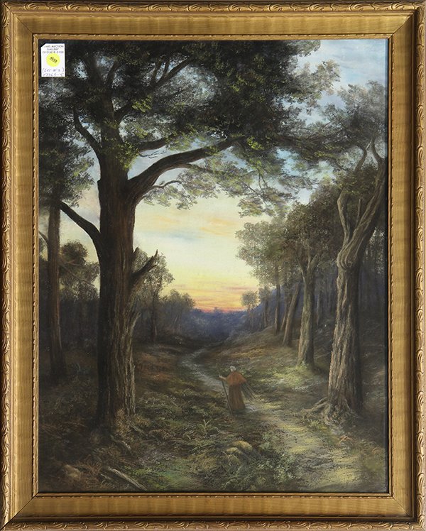 Pastels, California School (20th century): (lot of 2) California School (20th century), Moonlight on the River with Campsite & Figure Walking a Path Through the Woods at Sunset, circa 1924, pastels, each signed indistinctly, largest overall (w