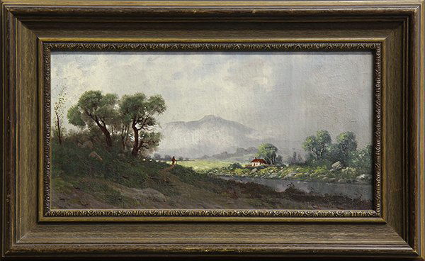 Painting, Carl Henrik Jonnevold: Carl Henrik Jonnevold (American/Norwegian, 1856-1955), Figure Walking by a River with Mountain Vista, signed lower right, overall (with frame): 13.5"h x 22"w