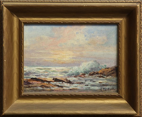 Painting, Herbert Sartelle: Herbert Sartelle (American, 1885-1955), Crashing Wave at Sunset, oil on canvas board, signed lower right, overall (with frame): 9.75"h x 11.5"w