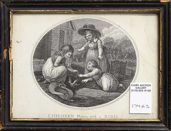 Prints, Children Feeding Fowls: (lot of 2) Continental School (19th century), "Children Playing with a Bird," and "Children Feeding Fowls," engravings, unsigned, overall (framed/each): 7.75"h x 10"w