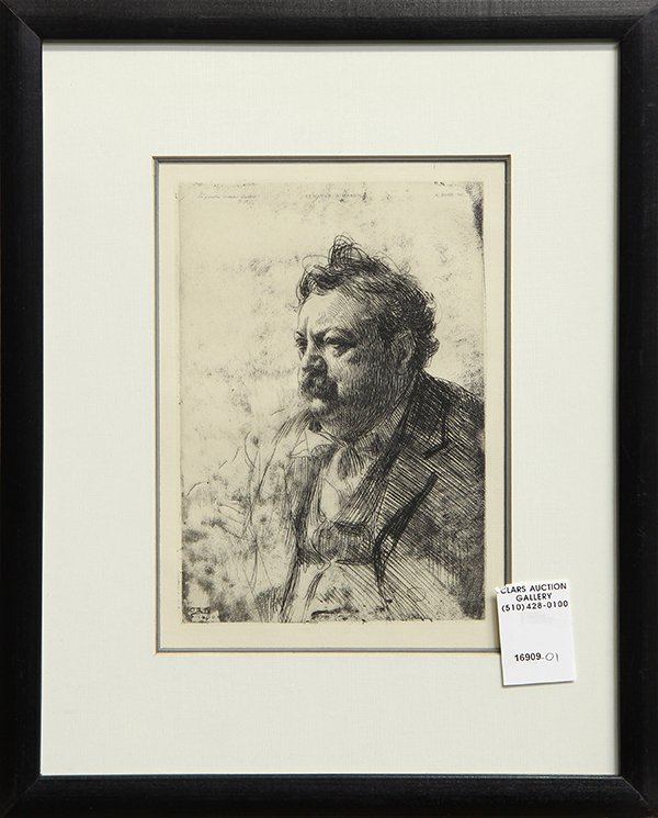 Print, Anders Zorn, Billy Mason: Anders Zorn (Swedish 1860-1920), "Billy Mason," 1900, etching, 2nd (final) state, plate signed "Zorn, Chicago, 1900," lower left, overall (framed): 14.25"h x 11.5"w. Reference: D. 158. Provenance: Bar