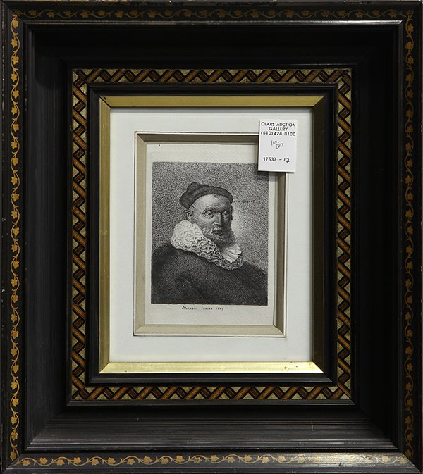 Print, Man with Hat: Continental School (19th c.), "Aanoni Incise," 1809, engraving depicting a man with a hat, signed within plate indistinctly upper right, overall (framed): 155.5"h x 13.5"w