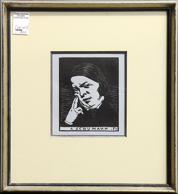 Prints, Félix Edouard Vallotton and John French Sloan: (lot of 2) Félix Edouard Vallotton (Swiss, 1865-1925), A Schumann, 1893, Portrait, woodcut printed on bluish grey paper, and John French Sloan (American, 1871-1951), Cherami Eats Auguste Writes, 1905