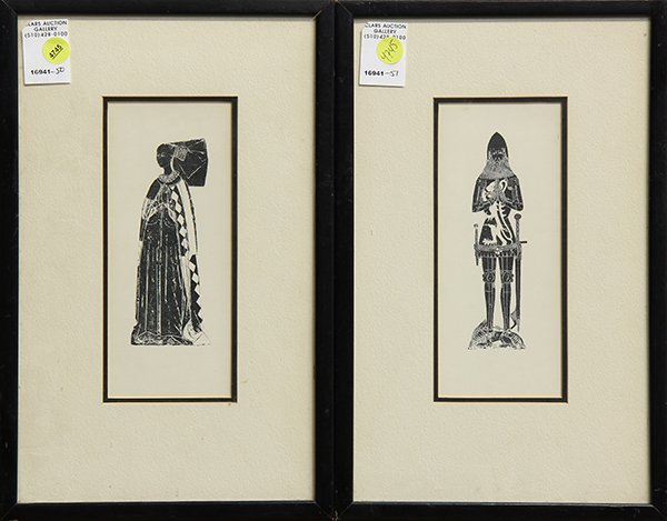 Prints, Knight and Empress: (lot of 3) Continental School (20th c.), Knight and a Empress, woodcuts, unsigned, and "Rotherhithe," hand-colored engraving published by Tombleson Paternoster Row, overall (framed/largest): 12"h x 13