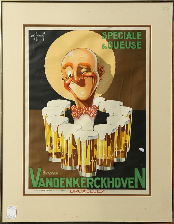 Vintage Poster, Vandenkerckhoven Brasserie-Bruxelles: Ok Gerard, "Vandenkerckhoven Brasserie-Bruxelles," circa 1928, color lithographic poster, plate signed upper left, published by Leon Verger, Paris, overall (framed): 31.5"h x 24.5"w