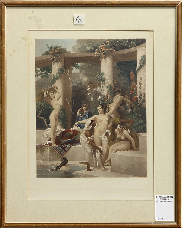 Print, Gustave Clarence Rodolphe Boulanger: Gustave Clarence Rodolphe Boulanger (French, 1824-1888), Female Nudes and Their Servants at the Baths, hand-colored lithograph, overall (framed):15.5"h x 12.5"w