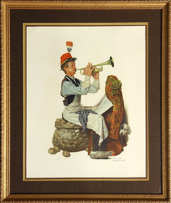 Print, Norman Rockwell: Norman Rockwell (American, 1894-1978), "The Trumpeter," lithograph, pencil signed lower right, edition 63/200, sight: 25.5"h x 19.75"w, overall (with frame): 34.25"h x 28.75"w. COA from Royal Art LTD 