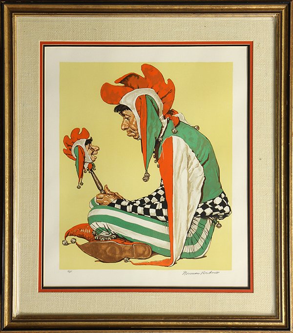 Print, Norman Rockwell: Norman Rockwell (American, 1894-1978), "Mournful Court Jester," color lithograph, signed lower right, from A/P edition, sight: 20"h x 16.75"w, overall (with frame): 32.25"h x 28.5"w. Note: COA from Ro