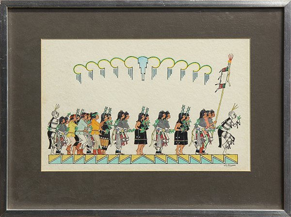 Painting, Jose D. Roybal: Jose D. Roybal (American, 1922-1978), "Corn and Harvest Dance," watercolor and ink on paper, signed lower right, overall (with frame): 15"h x 20.25"w
