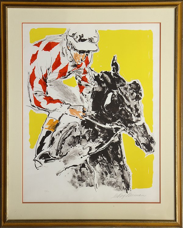 Serigraph, LeRoy Neiman, Jockey and Horse: LeRoy Neiman (American, 1921-2012), Jockey and Horse, serigraph, signed lower right, edition 59/97, overall (with frame): 36.25"h x 29"w