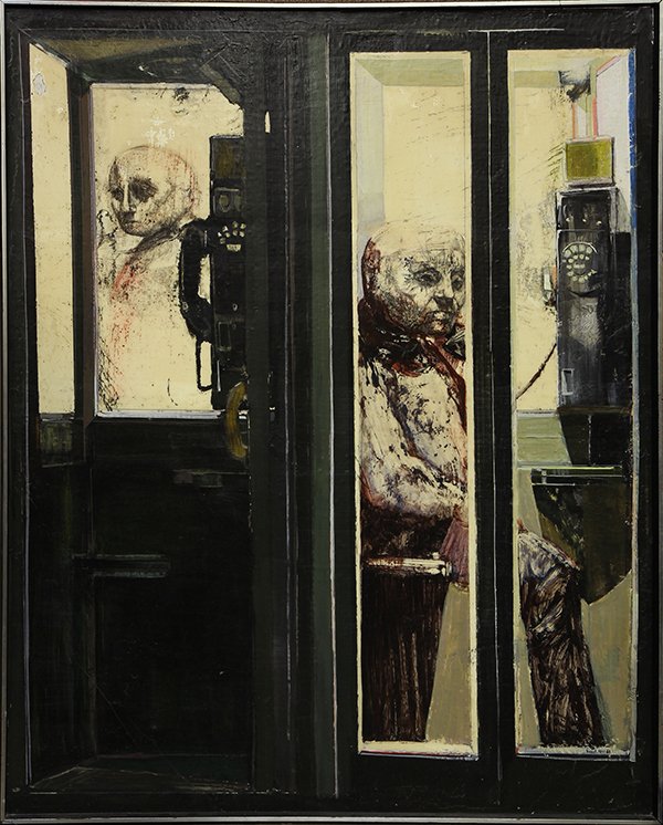 Painting, Vincent Perez: Vincent Perez (American, b. 1938), "The Phone Booth," 1966, mixed media on board, signed and dated lower right, overall (with frame): 61"h x 49"w