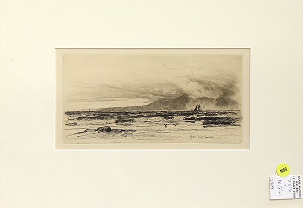 Etching David Young Cameron: David Young Cameron (Scottish, 1865-1945), Ship at Sea, etching, plate signed lower right, overall (with mat): 11.5''h x 16.5''w. Provenance: Barclay Simpson Fine Arts Gallery (Lafayette, CA)