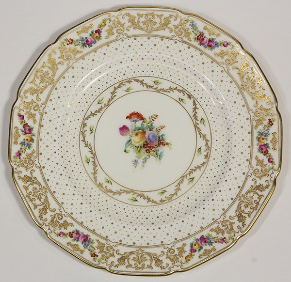 (lot of 10) Royal Doulton hand painted cabinet plates,: (lot of 10) Royal Doulton hand painted cabinet plates, executed in the Rococo taste, each centering floral sprays surrounded by vine bands and wider bands of gilt accents, the shaped rims having alter