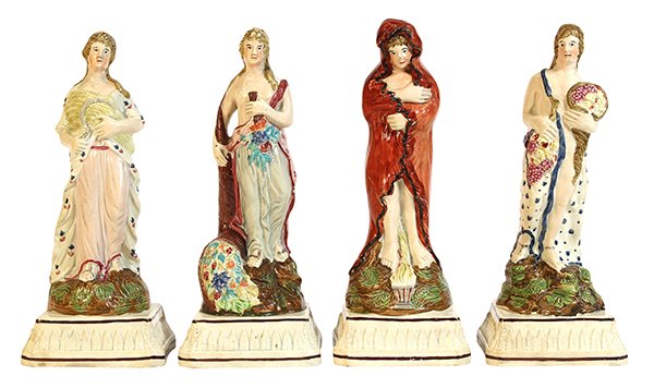 (lot of 4) Staffordshire pearlware figures depicting: (lot of 4) Staffordshire pearlware figures depicting the Four Seasons, late 18th or early 19th century, comprising Spring, Summer, Autumn, and Winter personified as young women, each with polychrome d