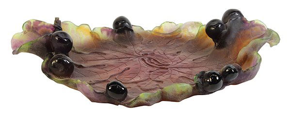 (lot of 2) Daum Nancy amber pate de verre group: (lot of 2) Daum Nancy amber pate de verre group, late 20th century, consisting of a coupe decorated with figs on branches accented with lizards; together with a large fig leaf dish, having an organic