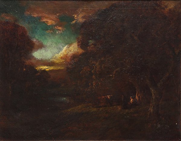 Painting, Jules Mersfelder: Jules R. Mersfelder (American, 1865-1937), "Evening Storm," oil on canvas, signed lower right, title inscribed verso, canvas: 22.5"h x 29"w, overall (with frame): 31.25"h x 37.25"w