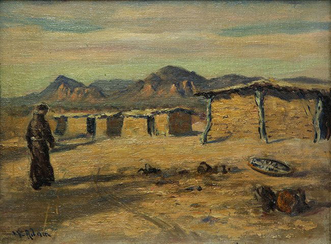 Painting, William Constable Adam: William Constable Adam (American, 1846-1931), "Indian Dwellings, Tucson Desert Arizona," oil on canvas board, signed lower left, board: 12"h x 16"w, overall (with frame): 17.25"h x 21.25"w