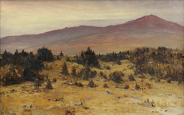 Painting, William Preston Phelps: William Preston Phelps (American, 1848-1923), Sunset on the Mountain, oil on canvas, signed lower left, canvas: 14"h x 22"w, overall (with frame): 19.25"h x 27.25"w.