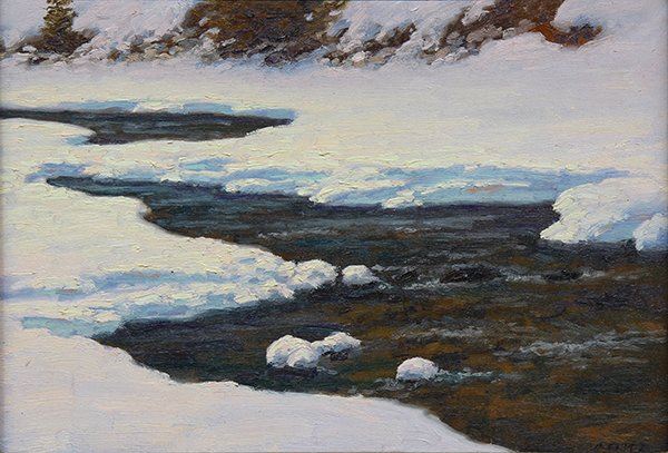 Painting, Charles John Fritz: Charles John Fritz (American, b. 1955), Snow Scene with Stream, oil on board, signed lower right, artist label affixed verso, board: 10"h x 13.75"w, overall (with frame): 14.5"h x 18.5"w