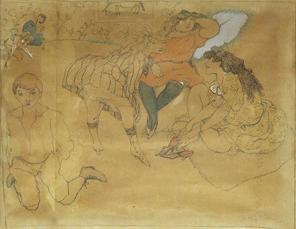 Drawing, Jules Pascin: Jules Pascin (French, 1885-1930), Parlor Scene with Three Ladies and a Young Man, ink and watercolor on paper, signed lower right, sight: 7"h x 9"w, overall (with frame): 14.5"h x 16.5"w