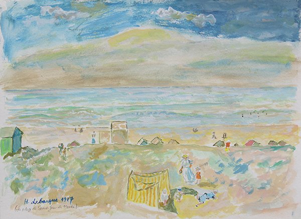 Work on Paper by Henri Baptiste Lebasque: Henri Baptiste Lebasque (French, 1865-1937), "La Plage de Saint-Jean De Moots," 1917, watercolor and gouache on paper, signed, dated and titled lower left, sheet (unframed): 11.125"h x 17.375"w