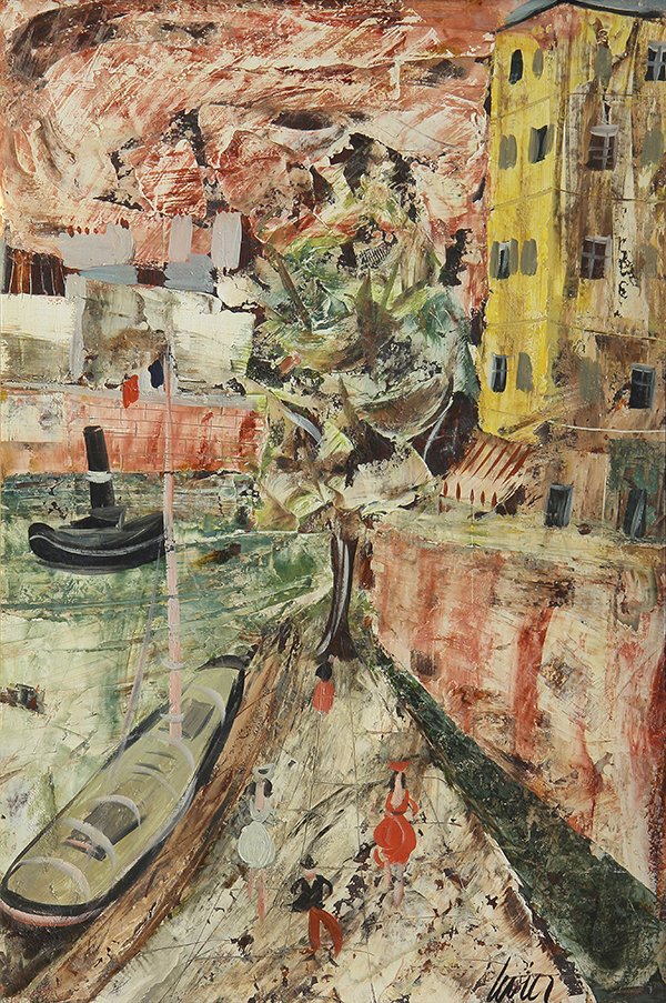 Painting, Charles Levier.: Charles Levier (French/American, 1920-2003), Street Scene with Flowers, oil on board, signed lower right, sight: 21.25"h x 14.25"w, overall (with frame): 28.25"h x 21.25"w