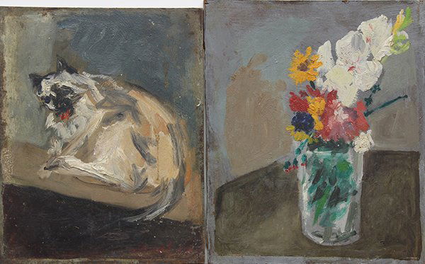 Paintings by Leonel Gongora: (lot of 2) Leonel Gongora (Colombian/American, 1932-1999), "Vaso Con Flores," 1958, and a cat, oils on board, each signed and dated, boards (each/unframed): 10"h x 8"w