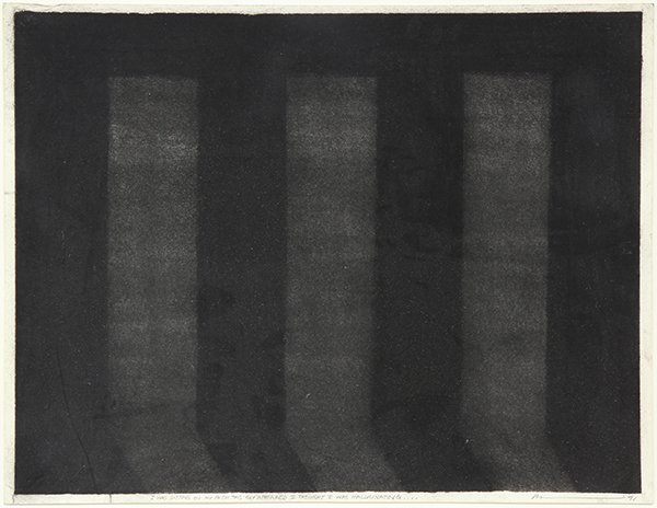 Drawing by Robert Wilson: Robert Wilson (American, b. 1941), "I Was Sitting on My Patio This Guy Appeared I Thought I was Halucinating..." 1991, charcoal drawing, signed and dated lower right, sheet: 22"h x 30"w, overall (with