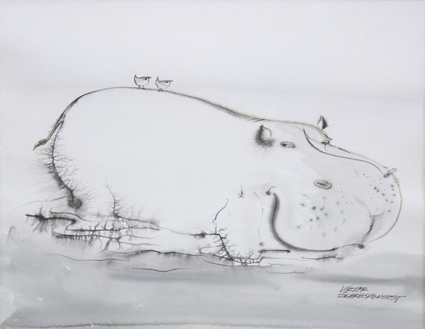 Watercolor by Viktor Schreckengost: Viktor Schreckengost (American, 1906-2008), "Hippo #11," watercolor and ink on paper, signed lower right, sight: 11"h x 14"w, overall (framed): 20.25"h x 22.25"w