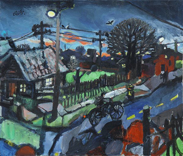 Painting by Chester Arnold: Chester Arnold (American, b. 1952), "The Morning Route," 1973, oil on canvas, signed upper left, signed and titled verso, canvas: 22"h x 26"w, overall: 25.75"h x 29.75"w