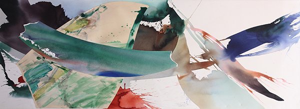 Painting by Peter Kitchell: Peter Kitchell (American, b. 1950), "Green Fin," 1984, watercolor and mixed media on canvas, signed and titled lower center, canvas: 29"h x 78"w