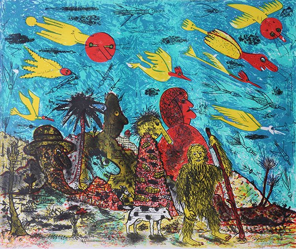 Print by Roy De Forest: Roy De Forest (American, 1930-2007), Untitled (Dog, Birds, and Figures), color lithograph, pencil signed lower left, edition A.P., sight: 31"h x 37.5"w, overall (framed): 39.25"h x 45.25"w