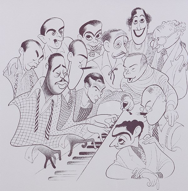 Prints by Albert Hirschfeld: (lot of 2) Albert Hirschfeld (American, 1903-2003), Groups Around the Piano, lithographs, each pencil signed lower right, each from the edition 212/225, images (each): 18.75"h x 18.5"w, overall (frame