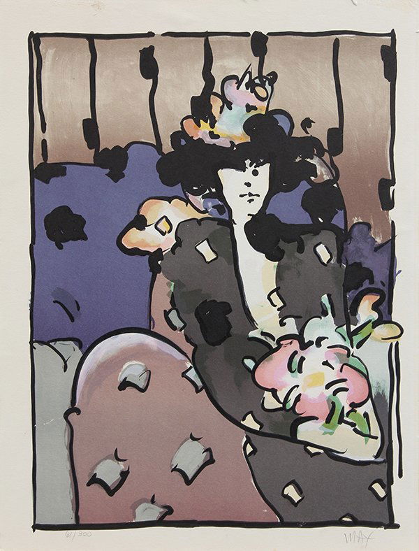 Print by Peter Max: Peter Max (American/German, b. 1937), Seated Lady Holding a Bouquet, lithograph in colors, pencil signed lower right, edition 61/300, image: 23.25"h x 17.5"w, sheet: 26"h x 20"w