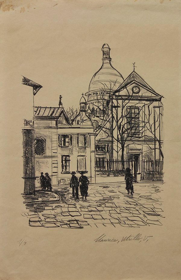 Print by Maurice Utrillo: Maurice Utrillo (French, 1883-1955), Place du Tertre, c. 1920, lithograph, pencil signed lower right, edition 1/4, image: 12.25"h x 8.5"w, sheet (unframed): 17"h x 11"w. Provenance: Barclay Simpson Fi