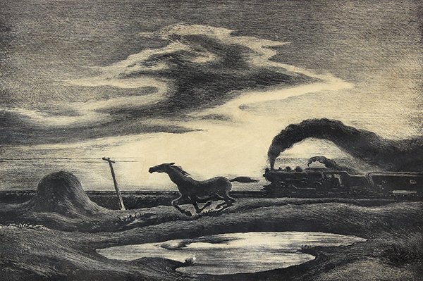 Print by Thomas Hart Benton: Thomas Hart Benton (American, 1889-1975), "The Race," 1942, lithograph, pencil signed lower right, from an edition of 250, published by Associated American Artists, New York, image: 9"h x 13.25"w, ove