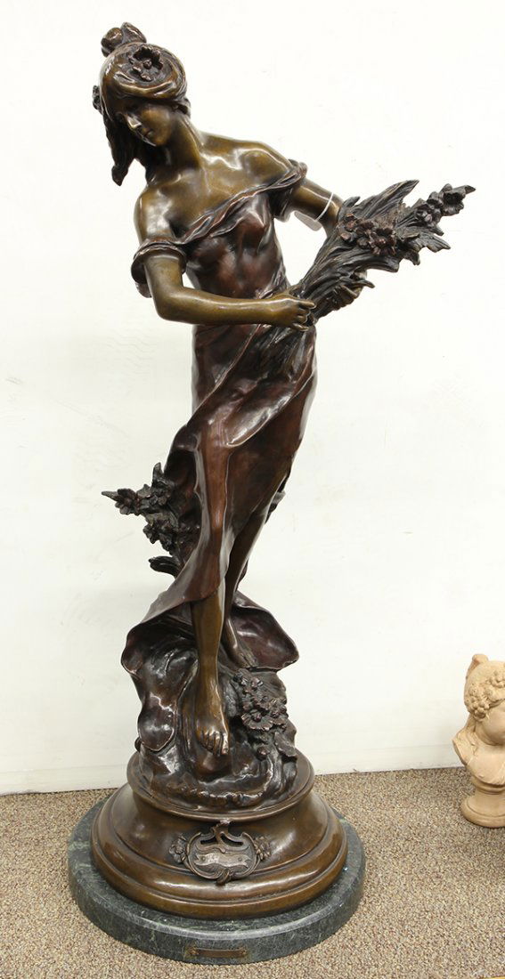 Bronze Sculpture After Auguse Moreau: After Auguste Moreau (French, 1861-1906), "Reine de Pres (Nearby Queen)," bronze sculpture atop a marble base, signed lower left, plaque lower center with artist name and title, sculpture: 37"h x 16"w