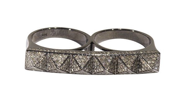 Diamond and sterling silver knuckle ring: Diamond and sterling silver knuckle ring pave' set with single cut diamonds totaling approximately 1.41 cts., set in a detailed pyramid design two finger knuckle mounting, size 7, weighs 10.7 grams