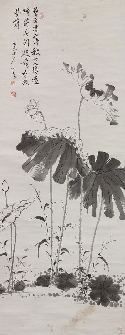 Chinese Scroll, Manner of Pu Ru, Lotus: Manner of Pu Ru (Chinese, 1896-1963), Lotus, ink on paper, the upper left with a colophon, with cyclical date yiwei, bearing signature xinyu, and four seals, painting: 42.5"h x 16.25"w, overall (scrol