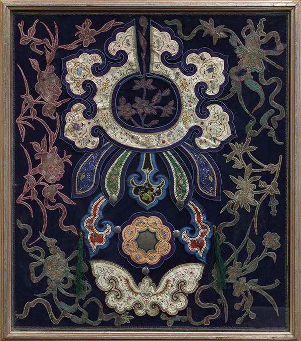 Chinese White Ground Ruyi Collar: Chinese embroidered white ground ruyi collar, embroidered with figural reserves accented by gilt couching, suspending a butterfly, framed together with various appliques including couched flowers, ove